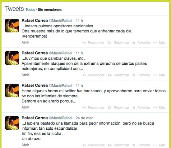 Rafael-Correa-tuits Pirateada la cuenta de twitter de Rafael Correa