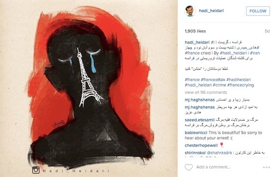Heidari-Francia-llora Hadi Heidari encarcelado en Irán por sus viñetas sobre París