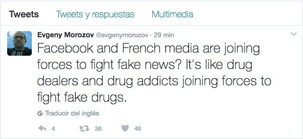 evgueny-morozov-tuit-facebook Noticias falsas: Facebook colaborará con medios franceses para combatirlas
