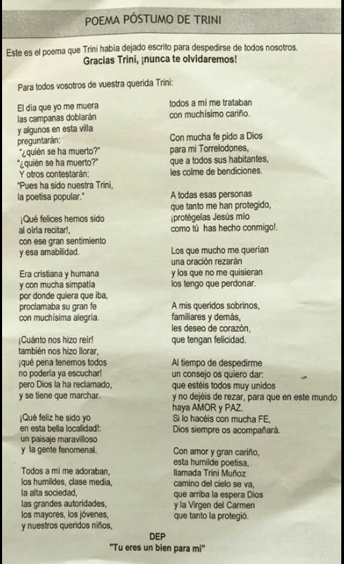 poema-postumo-trini-munoz Trini Muñoz, la poetisa torresana ha muerto a los 104 años