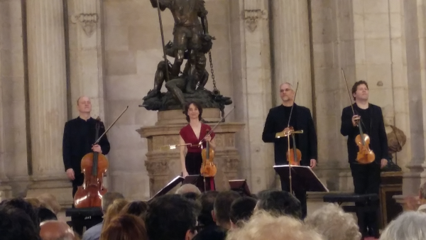 De izquierda a derecha: Abel Tomás, Vera Martínez Mehner, Jonathan Brown y Arnau Tomás. Concierto Stradivarius, Palacio Real de Madrid