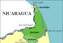 Mapa de las islas Calero, Brava y Portillos, Costa Rica. El recuadro delimita la zona amarilla que corresponde a la región disputada entre Costa Rica y Nicaragua durante el conflicto fronterizo de 2010-2011 entre ambos países a causa del dragado del río San Juan.