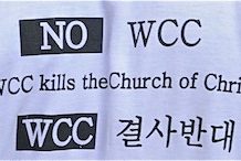 Detalle de la camiseta de un manifestante antiecuménico. X Asamblea del CMI, Busan, Corea