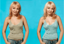 "Girlpower". Imagen de la modelo de portada, antes y después del retoque digital.