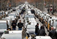 Taxistas en huelga en Barcelona el 21 de enero de 2019