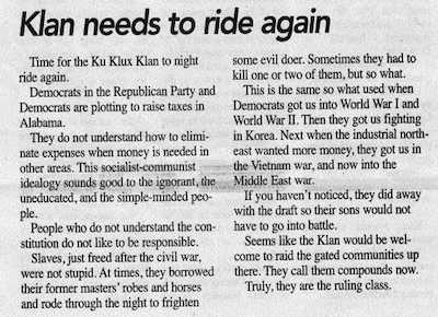 ku-klux-klan-alabama Un periódico de Alabama pide al Ku Klux Klan que “limpie” Washington de demócratas