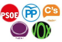 Logos PSOE, Podemos, PP, Ciudadanos, VOX.