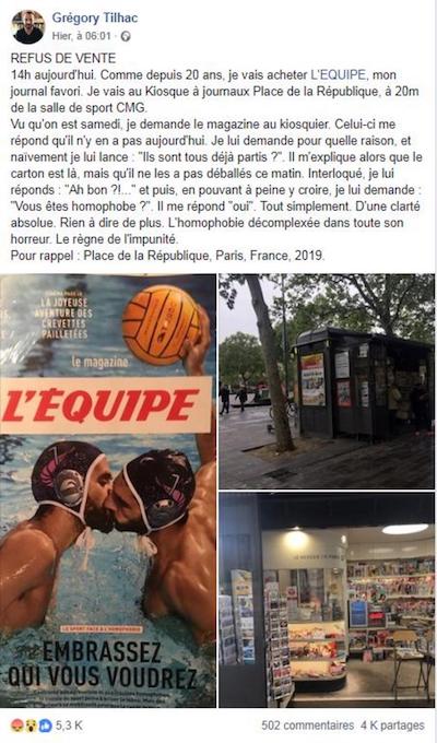 portada-l-equipe-tuit Homofobia: quiosquero parisino veta periódico que muestra beso entre dos deportistas