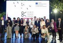 Organizadores, autoridades y galardonados con el Premio Samir Kassir 2019