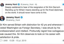 Tuit Jeremy Hunt sobre Kim Darroch