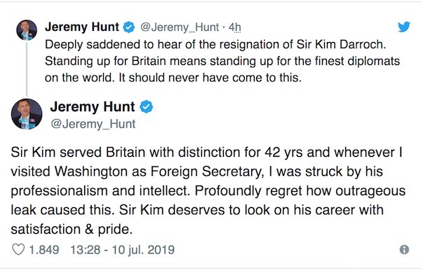 tuit-jeremy-hunt-sobre-kim-darroch Dimite el embajador de Reino Unido tras calificar a Trump de inepto y disfuncional