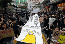 Manifestantes en Hong Kong muestran una pancarta denunciando los suicidios que se están produciendo por las carencias democráticas en la ciudad.