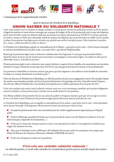 sindicatos-francia-coronavirus Macron en la indefinición: anuncia sin nombrarlo el confinamiento de la población