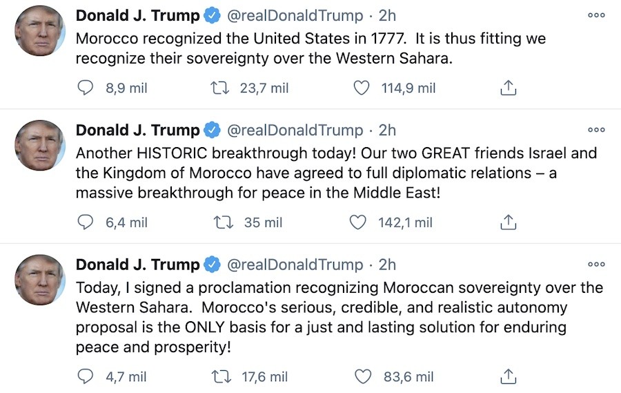 trump-tuit-marruecos-israel-sahara Donald Trump reconoce la soberanía de Rabat sobre el Sahara Occidental