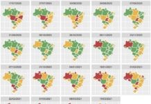 Mapas de Brasil en una secuencia que muestra cómo evolucionó la disponibilidad de unidades de cuidados intensivos en los 26 estados brasileños desde julio de 2020. El rojo señala la situación crítica en que hay déficit de unidades. Imagen: Fiocruz