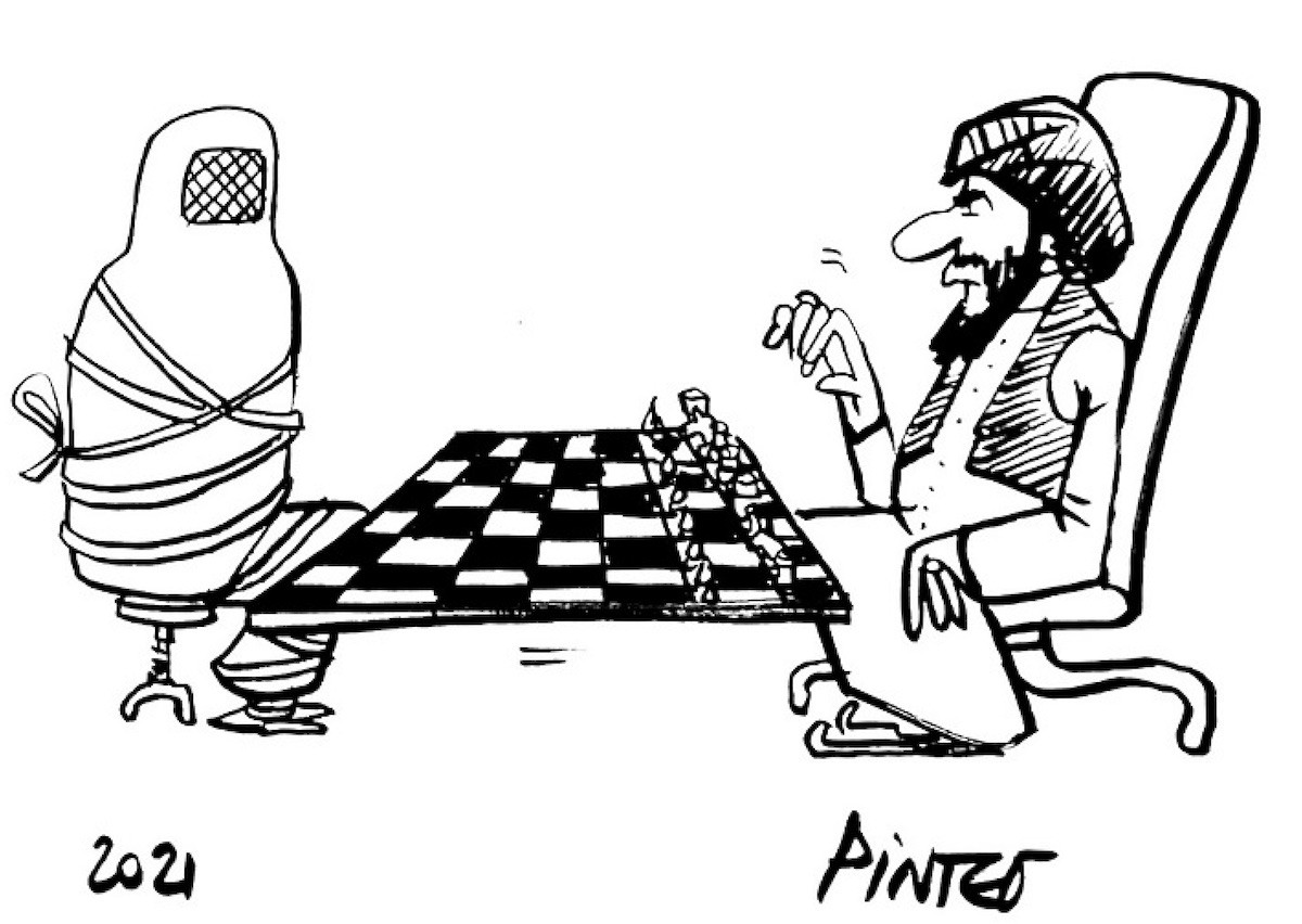 Dibujo del caricaturista francés Patrick Pinter. El texto que acompañaba en su original: ‘Los talibanes son los únicos al mando en Kabul’