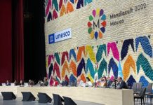 Sesión de apertura en México de Mondiacult 2022, a la derecha el ministro de Cultura español, Miguel Iceta