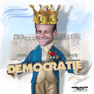 caricatura-emmanuel-macron-le-roi-de-la-democratie-jerc Macron persiste en negar la democracia parlamentaria