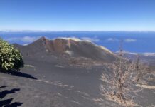 En primer plano se ve el nuevo volcán Tajogaite, y la zona inundada de ceniza, a la derecha toda la colada hasta el mar, más a la derecha se pueden ver zonas no afectadas ©JGC