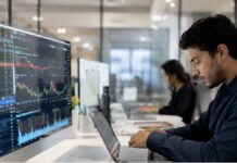 €122 millones ponen a prueba el crecimiento tecnológico de apuestas Analista revisa datos y gráficos en una oficina moderna