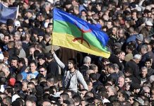 Un manifestante iza la bandera amazigh en un pasado acto en Argelia.