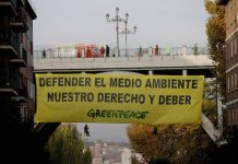 Nueve activistas de Greenpeace despliegan una pancarta de 126m2 en el centro de Madrid para reivindicar el derecho a la defensa del medio ambiente.