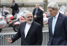 Foto de los jefes de la diplomacia de Irán y de Estados Unidos, extraída de artículo de prensa del 2013 del Times of Israel titulado "Kerry, Zarif to meet in Geneva as nuke talks ramp up"