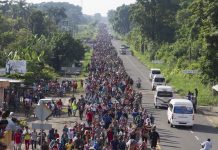 Una fila de más de cinco kilómetros de migrantes mientras se desplazaba el domingo 21 de octubre de Ciudad Hidalgo a Tapachula, a 40 kilómetros, dentro del estado de Chiapas, en el sur de México. Hasta la frontera con Estados Unidos hay 2.000 kilómetros, por una ruta que en parte controlan mafias delictivas. Crédito: Javier García/IPS