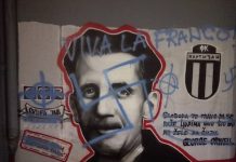 Mural de George Orwell atacado con símbolos fascistas. Se puede observar la pintada en un mal castellano ‘Viva la Franco’.