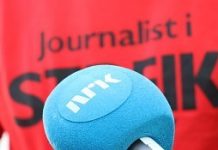 micro NRK y fondo con las palabras "periodista en huelga"