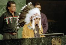 El jefe ovide Mercredi participa en la ceremonia de la Asamblea General de Naciones Unidas que marca el inicio del Año Internacional de las Poblaciones Indígenas del Mundo. 10 Dic 1992. ONU / Eskinder Debebe.