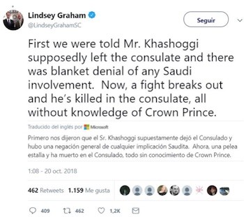Tuit-Graham-Khashoggi-muerto Arabia Saudí reconoce el asesinato de Jamal Khashoggi en su consulado de Estambul