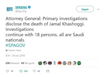 Tuit-fiscal-saudi-Khashoggi-muerto Arabia Saudí reconoce el asesinato de Jamal Khashoggi en su consulado de Estambul