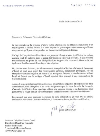 carta-de-la-embajadora-de-israel La embajadora de Israel en Francia intenta censurar un reportaje sobre Gaza