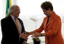 Adolfo Pérez Esquivel se reunió con la presidenta brasileña este jueves 28 de abril de 2016 para mostrarle su apoyo. Foto: ANDES/AFP