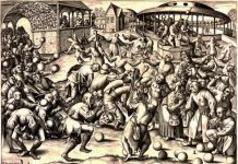 Fête des fous, gravure de Pieter Van der Heyden, en 1559, d’après Brueghel