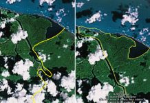 Mapa de la frontera entre Costa Rica y Nicaragua de Google Earth usado por Eden Pastora para ubicarse en Isla Portillos en octubre del 2010. A la izquierda, mapa usado que contiene un error, a la derecha, el mapa rectificado por Google Earth a inicios de noviembre del 2010 (ver nota de prensa). Imagen extraída de artículo de prensa.