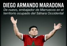 Cartel crítico con la presencia de Maradona en El Aaiún realizado por Josetxo Ezcurra.