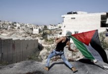 Un joven palestino lanza piedras sobre el "muro de la vergüenza" en Israel