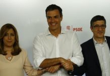 Susana Díaz, Pedro Sánchez y Patxi López en una fotografía de unidad tras conocerse los resultados de las primarias socialistas que otorgan la secretaría general a Sánchez.