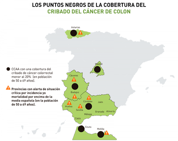 puntos-negros-cobertura-cribado-600x475 Cáncer de Colon: 6 millones de personas en España no tienen acceso al cribado