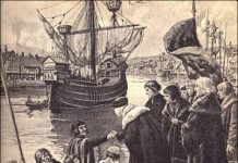 Grabado que representa la partida de Cabot hacia Terranova desde Bristol, por encargo de Richard Ameryke