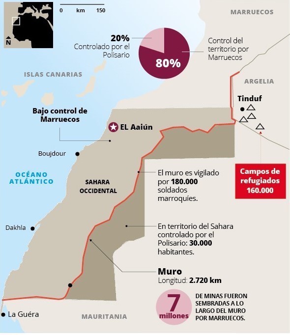 Mapa que explica la situación del Sahara en castellano las ciudades son Bojador y Dajla y no como figura en francés-. Fuente: diario La Nación de Costa Rica.